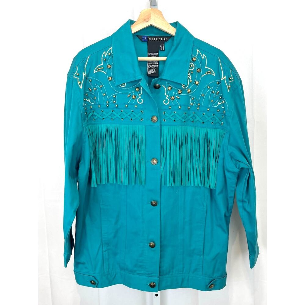 I.B. DIFFUSION Embellished Fringe Jacket Western Cotton Teal Blue Green Size 14